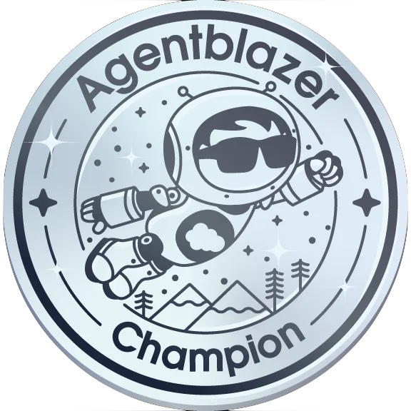 Agent Astro 飞行徽章，顶部为 Agentblazer，底部为 Champion 2025。